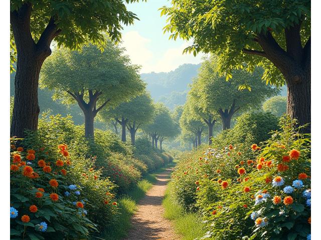 Lush edible forest garden with fruit trees and ground cover