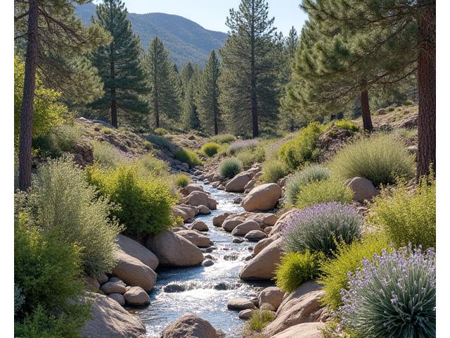 Mountainous rock garden with diverse plant life