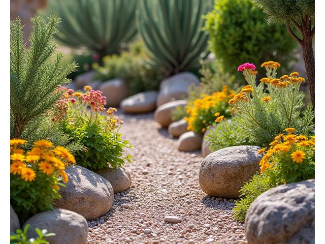 Rocky terrain garden with vibrant plants