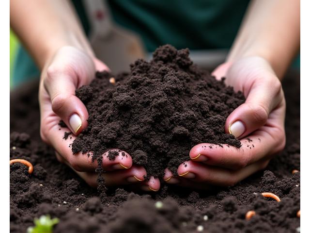 Hands sifting rich, dark compost soil