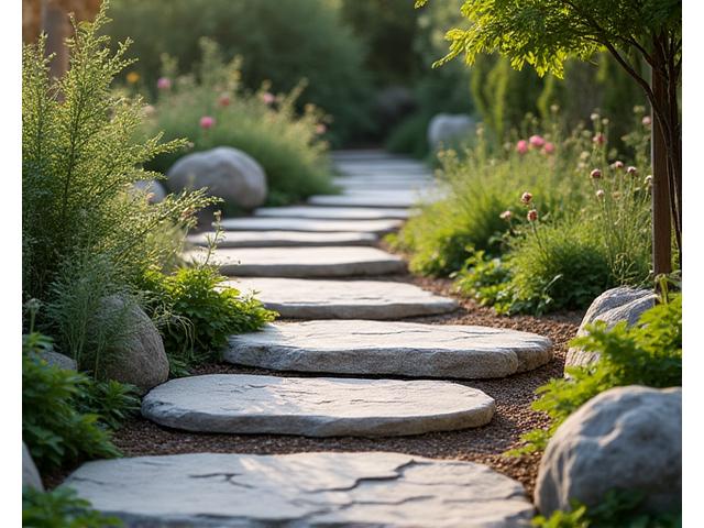 Natural stone path winding through a garden