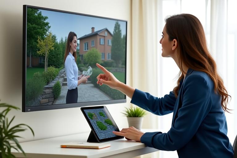 Woman having a video call with a landscape designer, viewing a garden blueprint